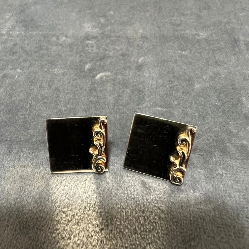 Vintage Swank Gold Tone Square Cufflinks Scroll Design Detail Mid Century‎